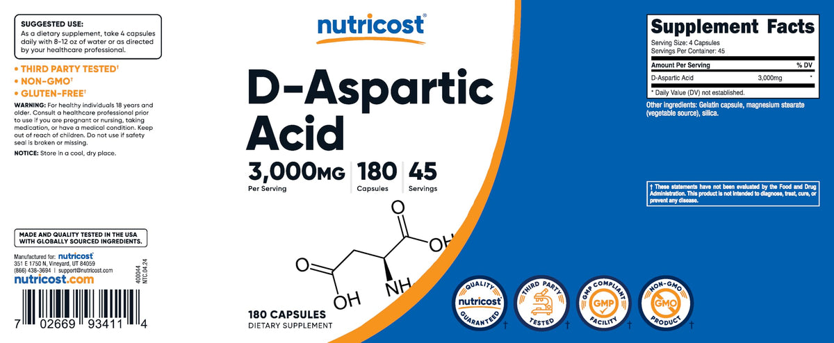 D-Aspartic Acid (DAA) 3000mg for Men - Testosterone Support & Performance Amino Acid Supplement - Nutricost (180 Capsules, Non-GMO)