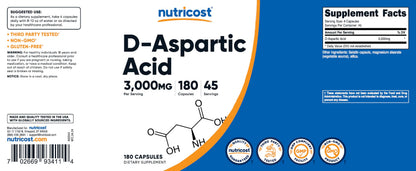 D-Aspartic Acid (DAA) 3000mg for Men - Testosterone Support & Performance Amino Acid Supplement - Nutricost (180 Capsules, Non-GMO)