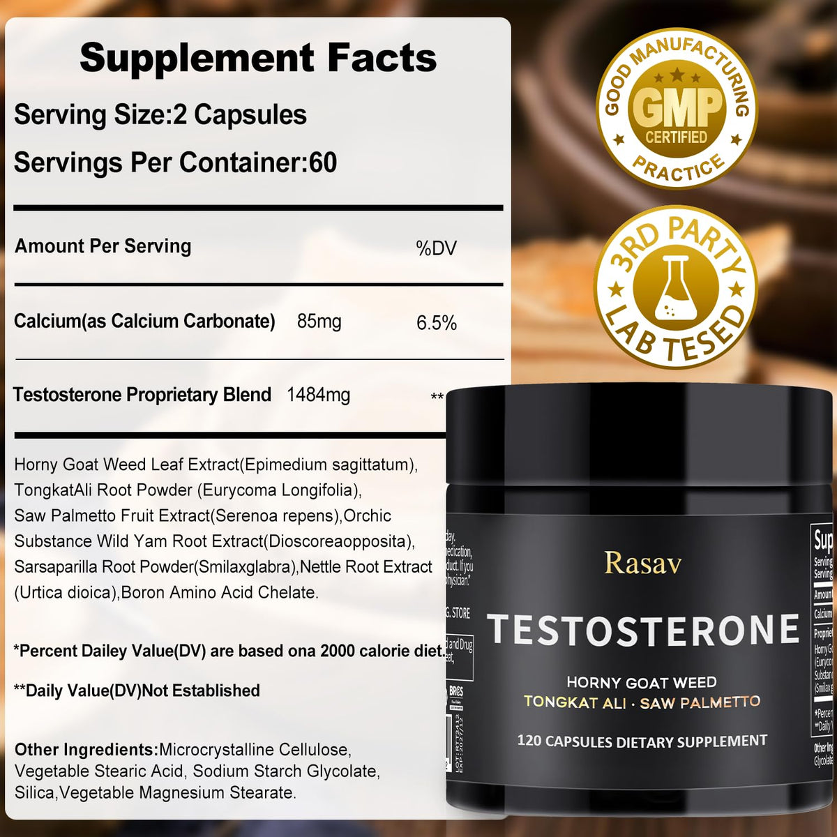 Rasav Horny Goat Weed & Tongkat Ali Testosterone Booster for Men - Energy, Stamina, Strength & Muscle Support - 120 Capsules