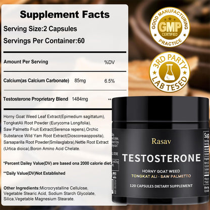 Rasav Horny Goat Weed & Tongkat Ali Testosterone Booster for Men - Energy, Stamina, Strength & Muscle Support - 120 Capsules
