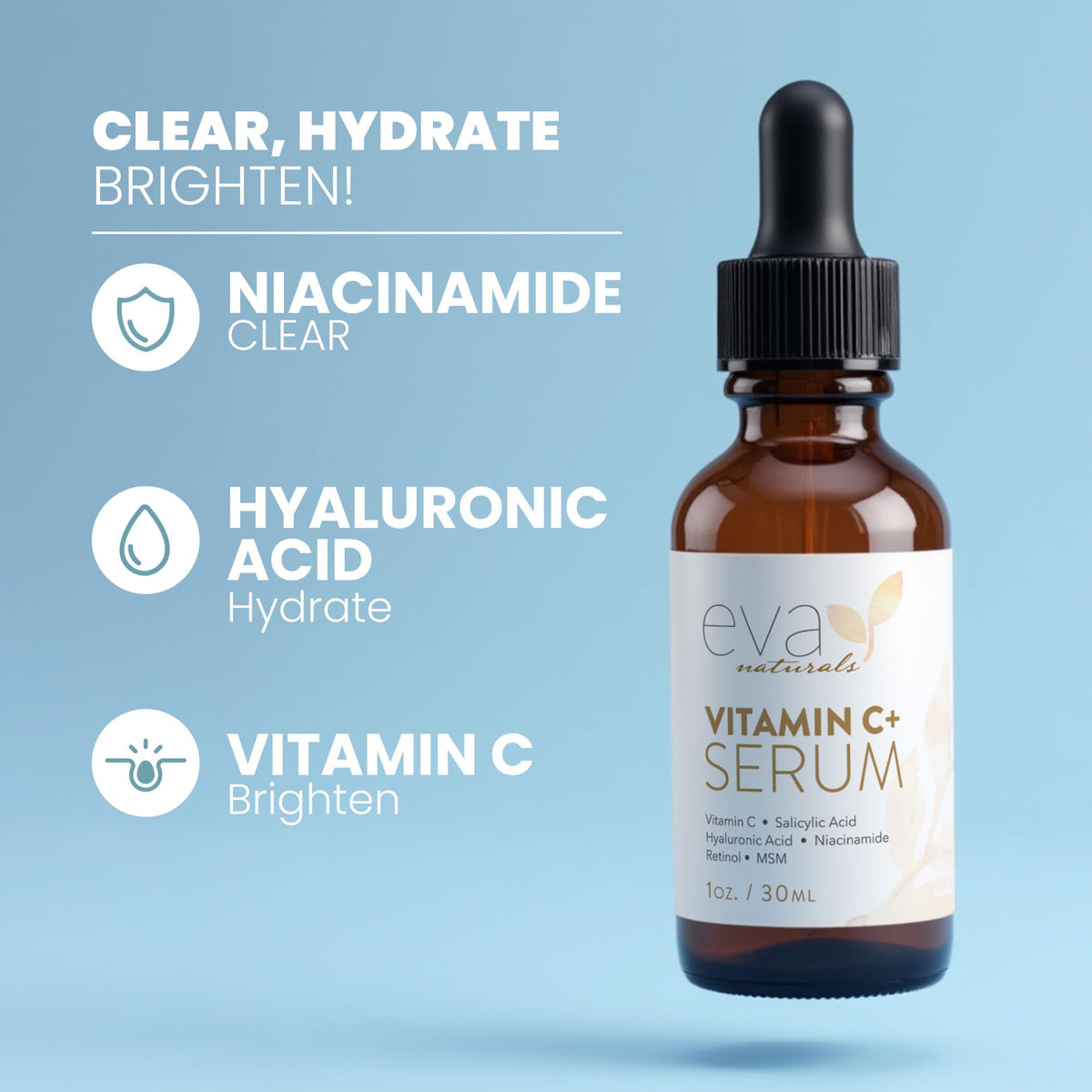 Eva Naturals Vitamin C Serum for Face - Anti Aging Dark Spot Remover & Corrector with Retinol, Hyaluronic Acid, Niacinamide & Salicylic Acid - Brightening, 1 fl oz