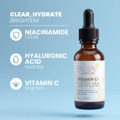 Eva Naturals Vitamin C Serum for Face - Anti Aging Dark Spot Remover & Corrector with Retinol, Hyaluronic Acid, Niacinamide & Salicylic Acid - Brightening, 1 fl oz