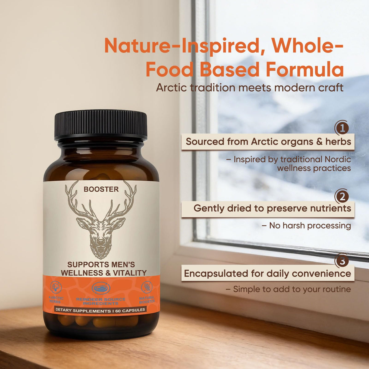 Men’s Vitality Supplement Arctic Herbal & Reindeer Nutrient Blend - Energy, Endurance & Wellness Support - 60 Capsules