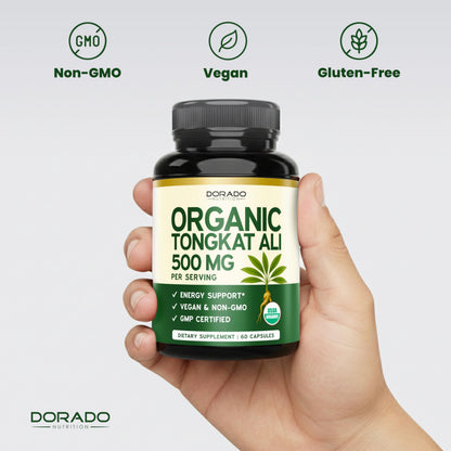Organic Tongkat Ali 500mg for Men & Women - Longjack Root Extract for Energy, Muscle & Performance Support - Vegan, Non-GMO (60 Capsules)