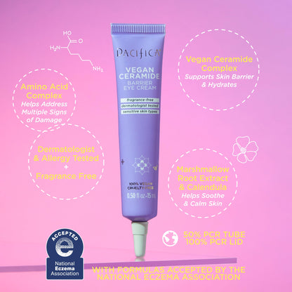 Pacifica Vegan Ceramide Barrier Eye Cream - Hydrating Under Eye Moisturizer for Sensitive Skin - Fragrance-Free Treatment (0.5 fl. oz)