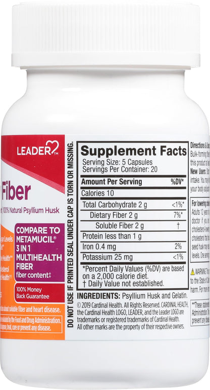 Leader Daily Psyllium Husk Powder Supplement, 3-in-1 Fiber for Digestive Health, Plant Based, 100% Natural, Compare to Metamucil Multihealth, 100 Capsules, Pack of 1
