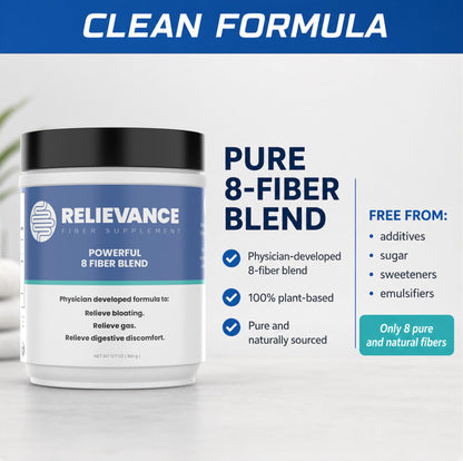 Relievance Fiber Supplement Two-Pack, Clean Formula - Bloating & Gas Relief Fiber Supplement - 8-Fiber Blend for Digestive Health, Doctor Developed, Supports Regularity & Gut Comfort