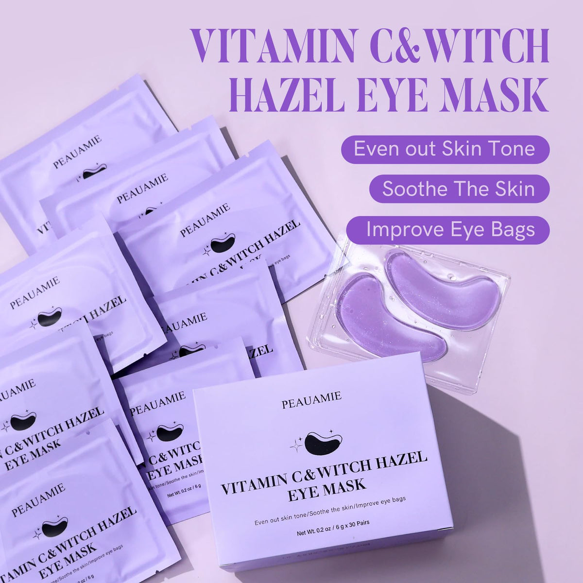 PEAUAMIE Under Eye Patches (30 Pairs) - Brightening Vitamin C & Soothing Witch Hazel Eye Mask for Dark Circles & Puffiness