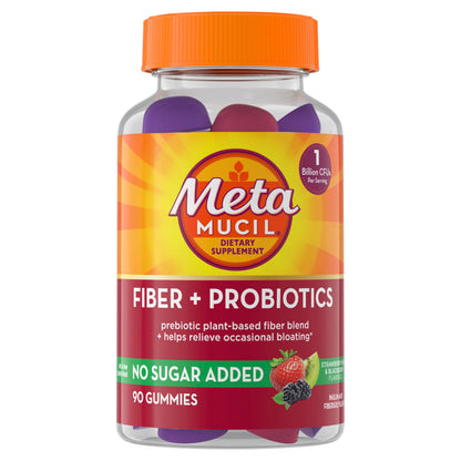 Metamucil Fiber Gummies for Adults with Probiotics for Bloating Relief, No Sugar Added Strawberry Kiwi BlackBerry Flavors, 5g Prebiotic Plant Based Fiber Supplement Blend, 90 Count