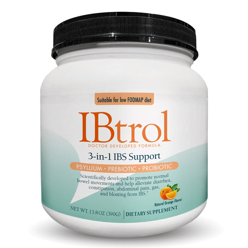 IBtrol 3–in–1 IBS Gut Health Supplement with Psyllium, Prebiotic and Probiotics, Manages IBS Symptoms, Gas, Bloating, Diarrhea, Constipation, Abdominal Pain 60 Servings (Natural Orange Flavor)