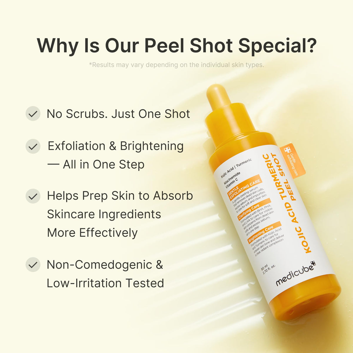 medicube Peel Shot with Kojic Acid Turmeric - Reset in One Step - Gentle Exfoliating Serum with BHA, LHA, PHA for Dead Skin Cells, Blackheads, Excess Sebum - For Dull, Rough, Troubled Skin - 2.7 fl.oz