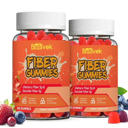 Babivek Fiber Gummies for Women and Men - Dietary Fiber, Gut Health Support, Vegan, Non-GMO, Non-Gluten, Mixed Berry & Strawberry Flavors, 60 Count(Pack of 2)
