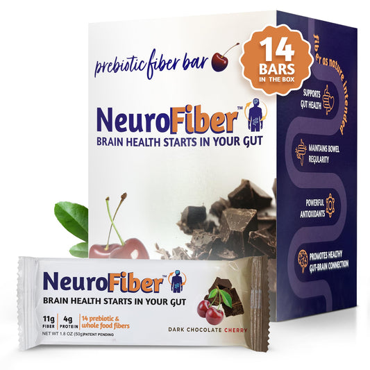 NeuroFiber Prebiotic High Fiber Bars - Gut Health, Bowel Regularity & Brain Function Support - Plant-Based, Gluten Free, Vegan (Dark Chocolate Cherry)