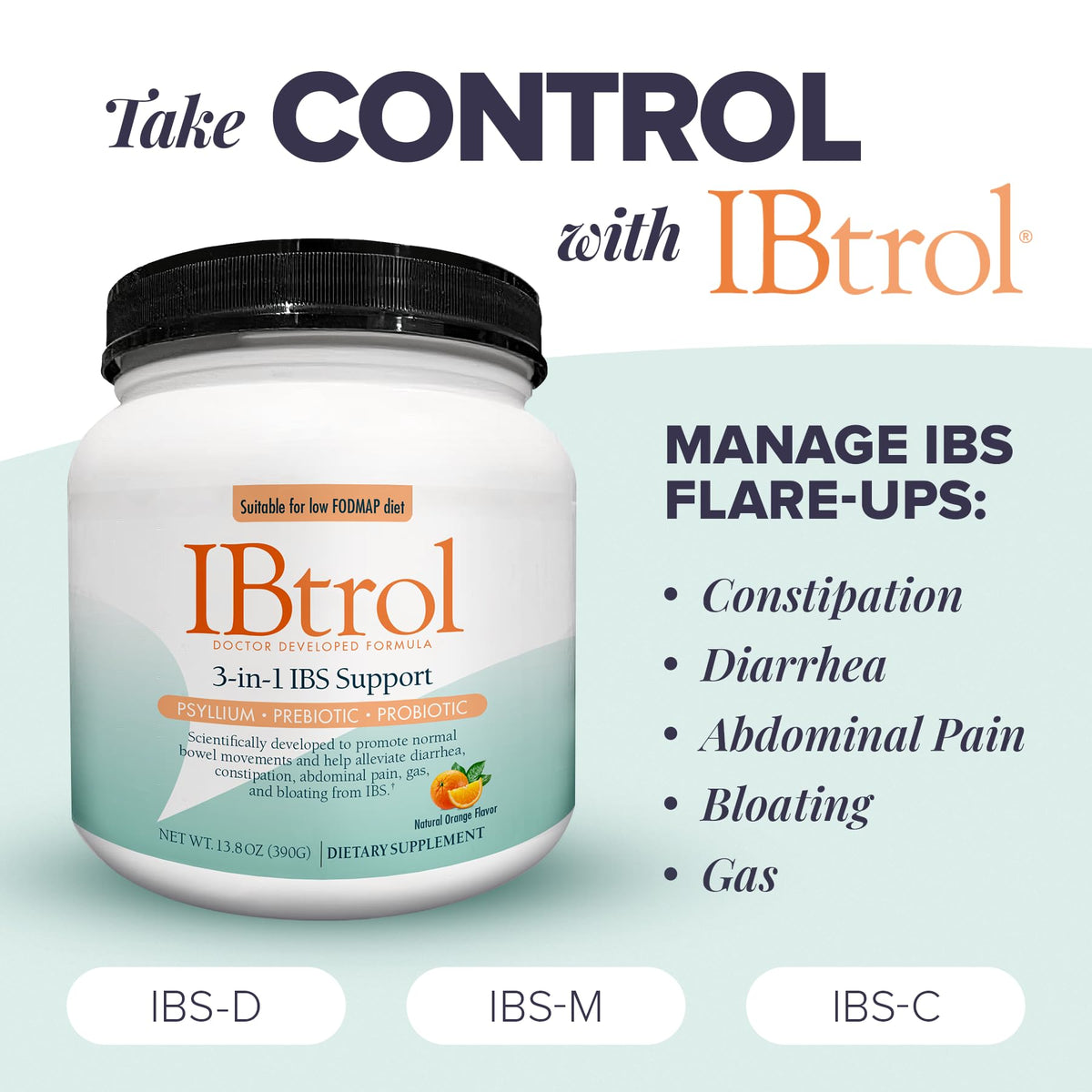 IBtrol 3–in–1 IBS Gut Health Supplement with Psyllium, Prebiotic and Probiotics, Manages IBS Symptoms, Gas, Bloating, Diarrhea, Constipation, Abdominal Pain 60 Servings (Natural Orange Flavor)