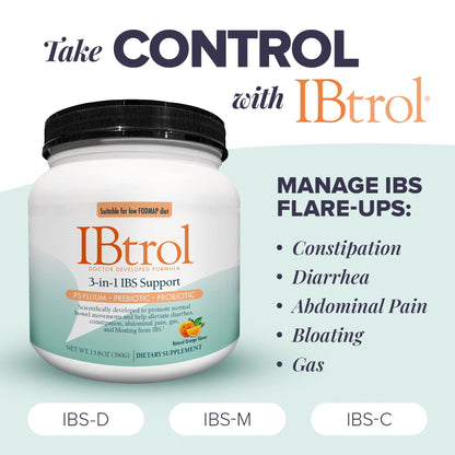 IBtrol 3–in–1 IBS Gut Health Supplement with Psyllium, Prebiotic and Probiotics, Manages IBS Symptoms, Gas, Bloating, Diarrhea, Constipation, Abdominal Pain 60 Servings (Natural Orange Flavor)