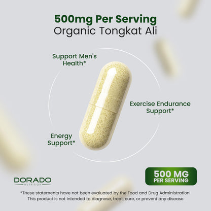 Organic Tongkat Ali 500mg for Men & Women - Longjack Root Extract for Energy, Muscle & Performance Support - Vegan, Non-GMO (60 Capsules)