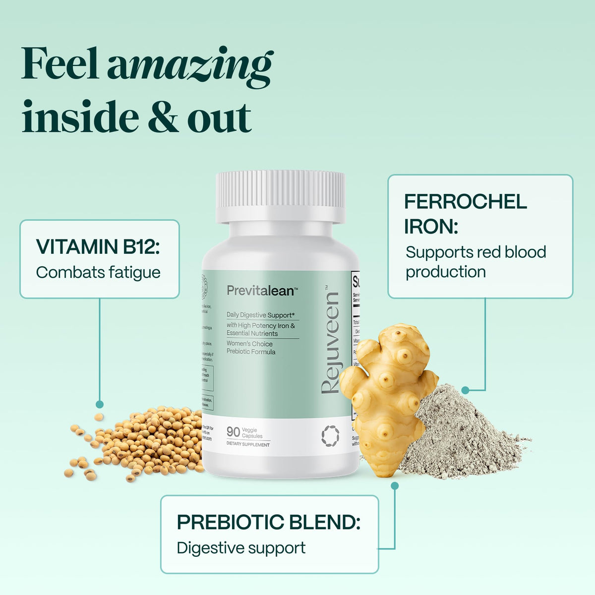 Rejuveen Previtalean - Prebiotic Fiber Supplement for Women - Supports Gut Health & Red Blood Cell Production - Contains Highly Bioavailable Iron, Folate & Vitamin B12 - 90 Ct, 30 Servings