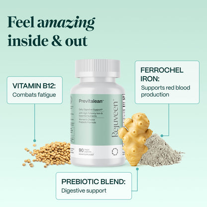 Rejuveen Previtalean - Prebiotic Fiber Supplement for Women - Supports Gut Health & Red Blood Cell Production - Contains Highly Bioavailable Iron, Folate & Vitamin B12 - 90 Ct, 30 Servings