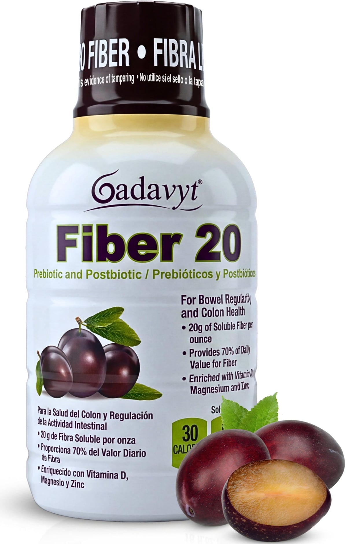 GADAVYT Fiber 20 - High Fiber Supplement for Women & Men, 20g Liquid Soluble Fiber/Serving, Prebiotic & Postbiotic Complex + Vitamins A, D3, E & Magnesium, Gut Health, Digestive Health, 16 fl oz