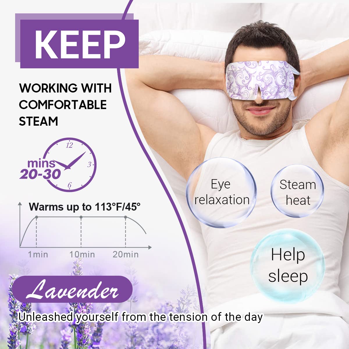 16-Pack Lavender Steam Eye Masks - Self-Heating Warm Compress for Dry Eyes, Tired Eyes & Dark Circles - Disposable Heated Sleep Mask & Travel Essentials