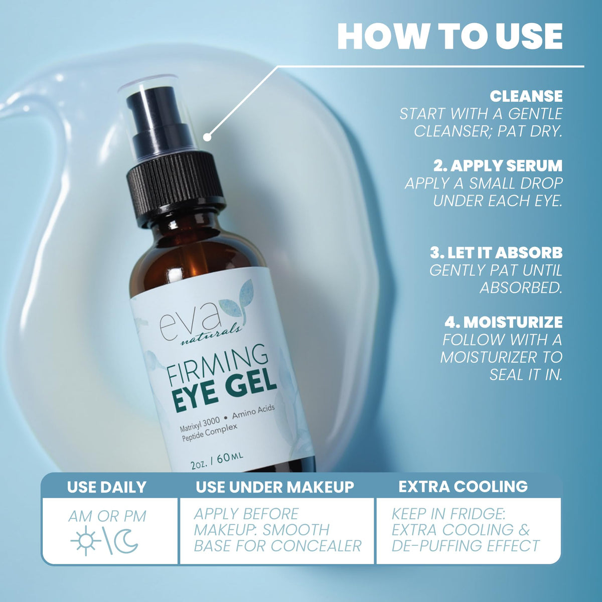 Eva Naturals Eye Gel for Dark Circles, Bags & Puffiness - Anti-Aging Peptide Serum with Hyaluronic Acid & Botanicals (2 oz)
