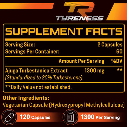 TyRengss Turkesterone 1300mg Testosterone Booster for Men - Ajuga Turkestanica Extract (20%) for Muscle Mass & Athletic Performance - 240 Capsules