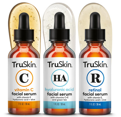 TruSkin Face Serum Trio - Vitamin C, Retinol & Hyaluronic Acid Anti-Aging Serums for Face - AM, PM & All-Day Skincare Routine - Brightening, Smoothing & Hydrating Facial Serums, 1 fl oz Each