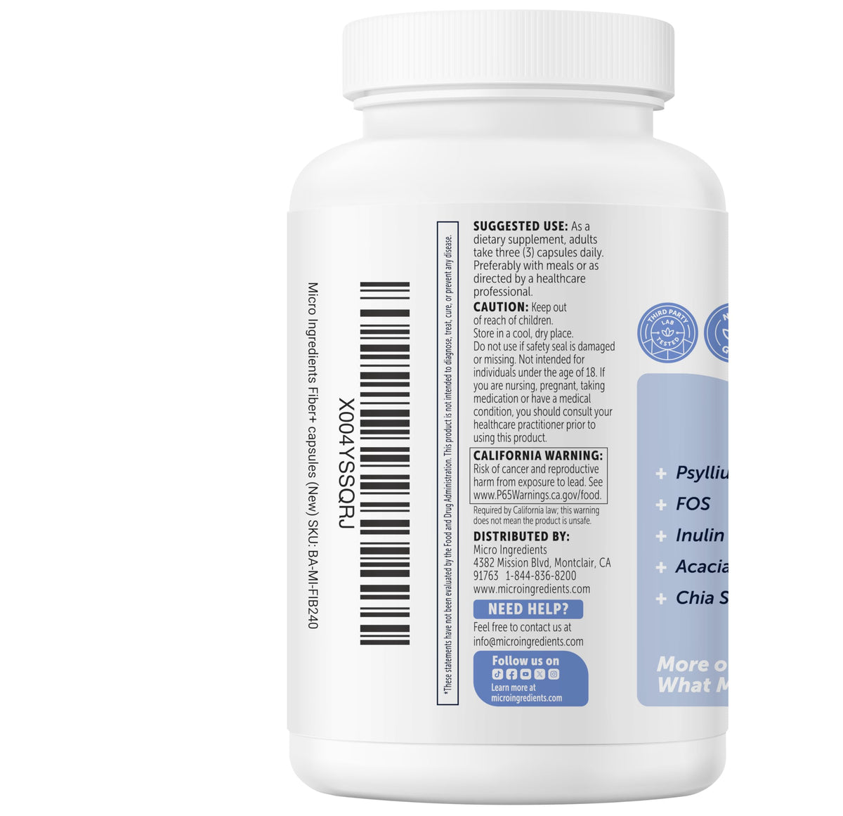 Micro Ingredients Psyllium Husk Fiber Capsules 5-in-1, 240 Vegetarian Capsules - Soluble Fiber Supplement for Digestive Support* - Probiotics, Prebiotics, Postbiotics & Digestive Enzymes - Non-GMO