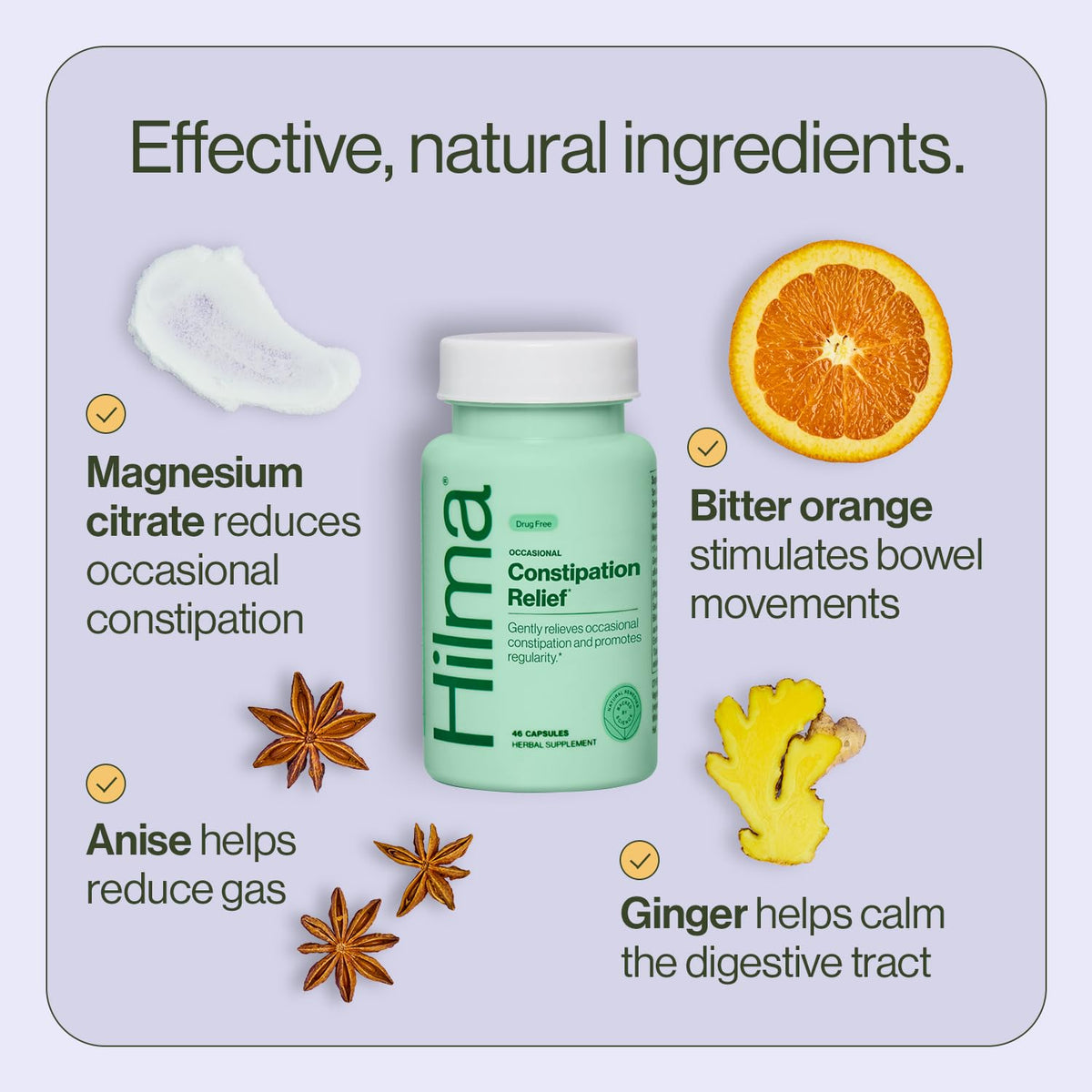 Hilma Gentle Bowel, Occasional Constipation Relief with Magnesium Citrate, Natural and Gentle Laxatives for Constipation w/Magnesium Citrate, Ginger, Anise and Bitter Orange, 46 Vegan Capsules