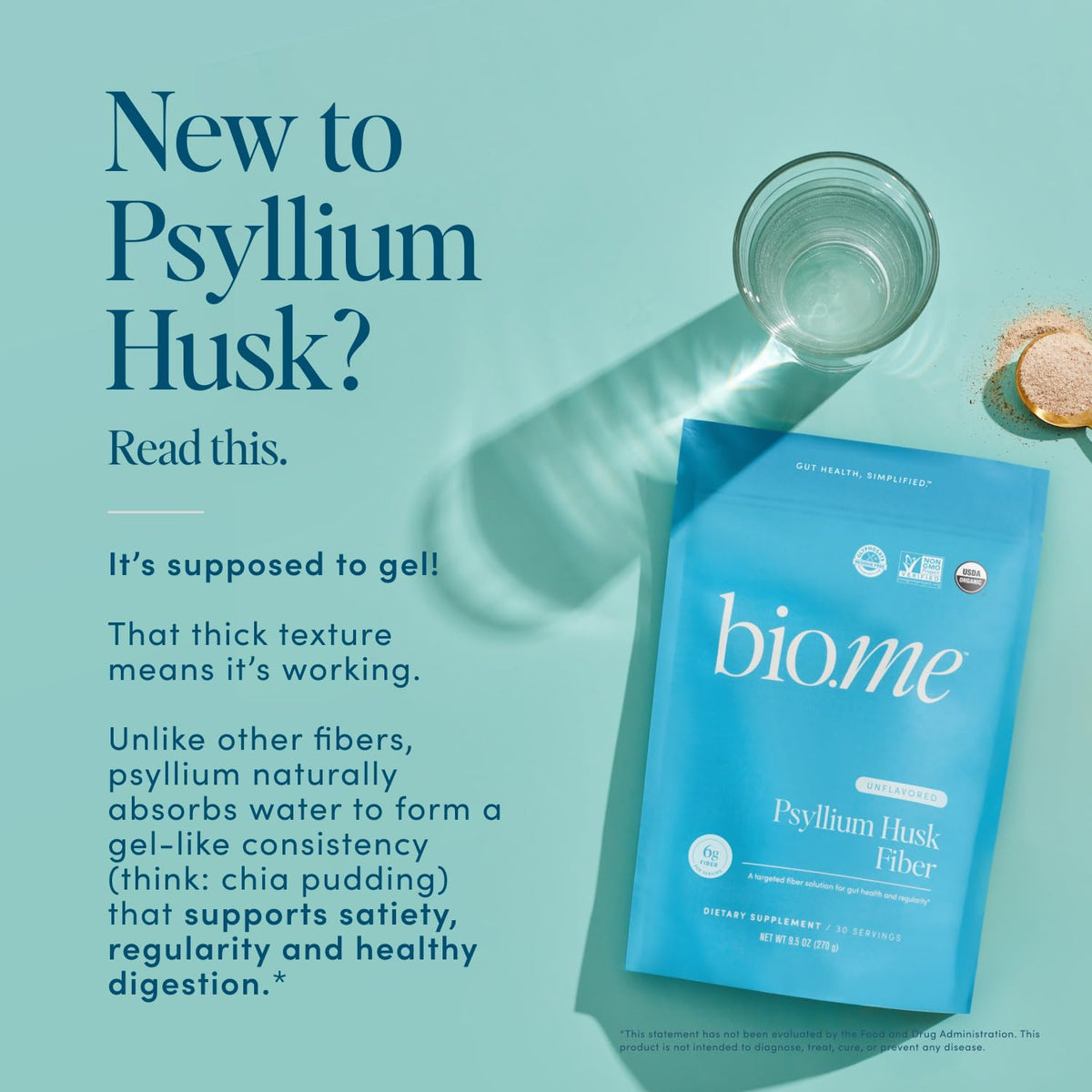 Bio.me Psyllium Husk Fiber Unflavored (6g Per Serving) - Gluten-Free Fiber Supplement for Women & Men - Psyllium Husk Powder for Healthy Digestion, Bowel Regularity & Bloating Relief - 45 Servings