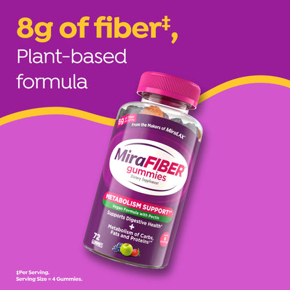 MiraFIBER Gummies, from The Makers of MiraLAX, 8g Per Serving, with B Vitamins, Metabolism Support, Gut Health for Men & Women, Prebiotic Fiber Gummies for Adults, Mixed Fruit Flavor 72Ct