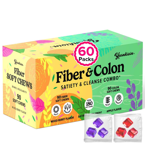Yusnkioin Fiber Gummies & Colon Gentle Cleanse - 180 Soft Chews Fiber Gummies for Adults, 50 B Probiotics, Psyllium Husk & Senna - Colon Detox Cleanse for Gut Health, Regularity & Bloating Relief