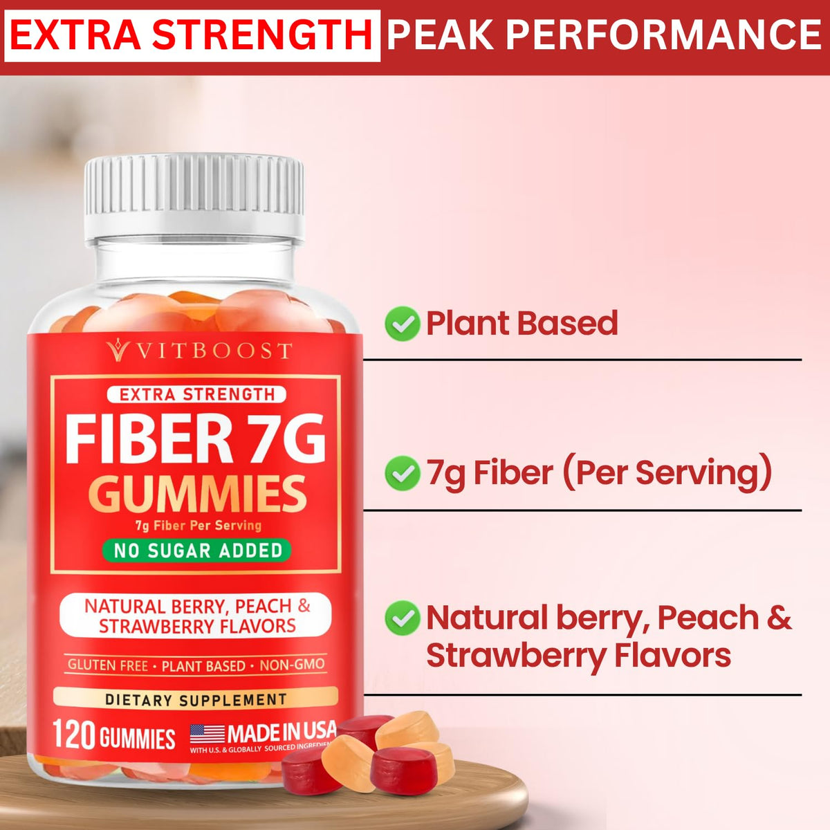 VITBOOST Prebiotic Fiber Gummies 7g - 120 Count - No Sugar Added, Vegan, Pectin-Based (No Gelatin), Non-GMO, Made in USA - Digestive & Gut Health Support