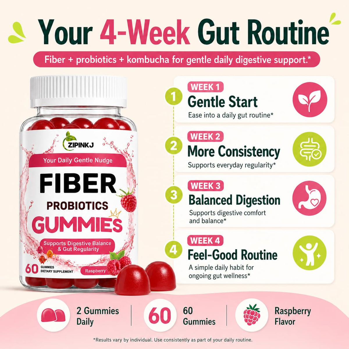 Probiotic Kombucha Fiber Gummies, Prebiotics & Probiotics Digestive Supplement for Bloating, Gut Health, Digestive Balance & Daily Regularity - for Women and Men, Vegan Raspberry Flavor, 60 Count