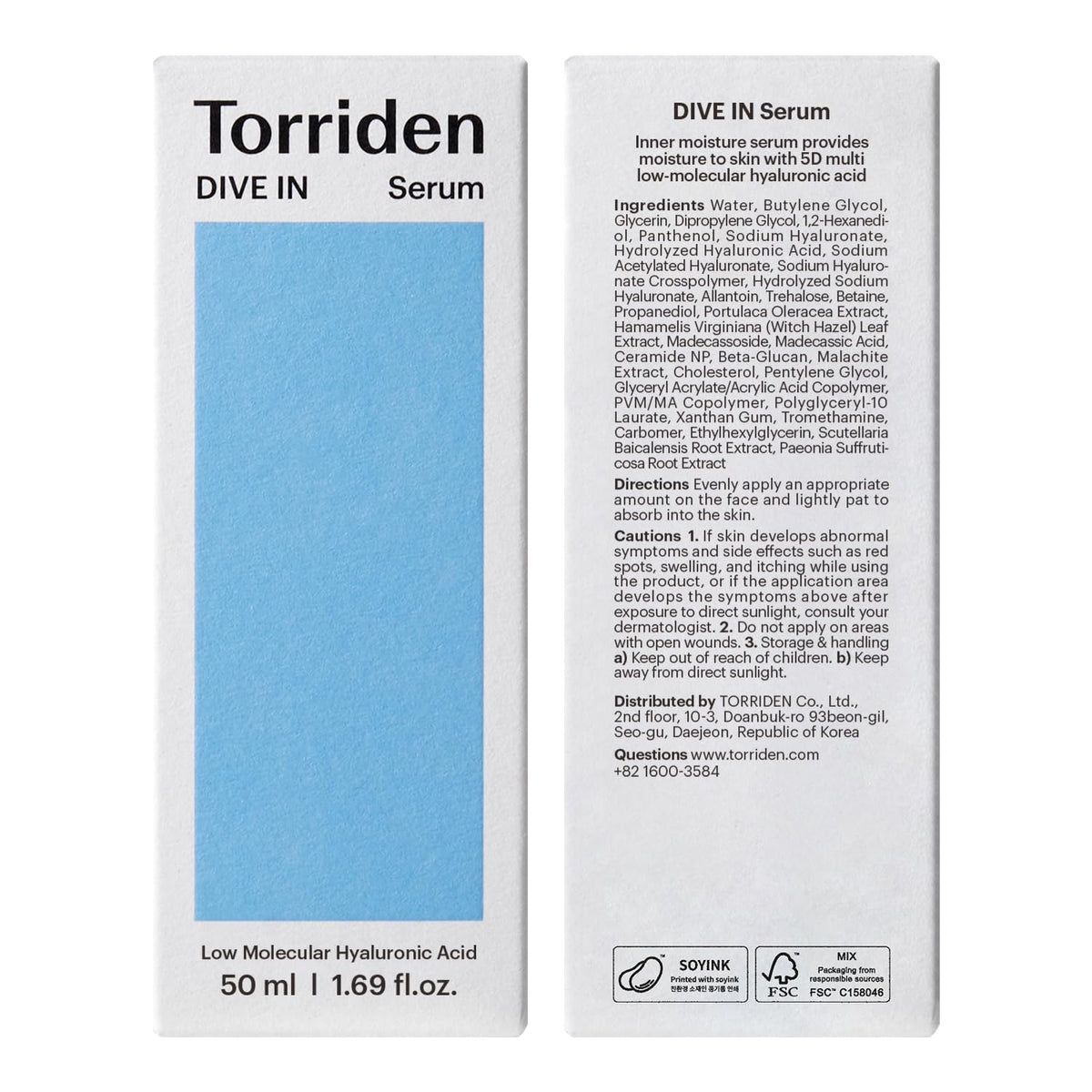 Torriden DIVE IN Hyaluronic Acid Serum for Deep Hydration - Korean K-Beauty Glass Skin Plump Glow - Lightweight Fast-Absorbing Face Serum 50ml (1.69 fl.oz.)