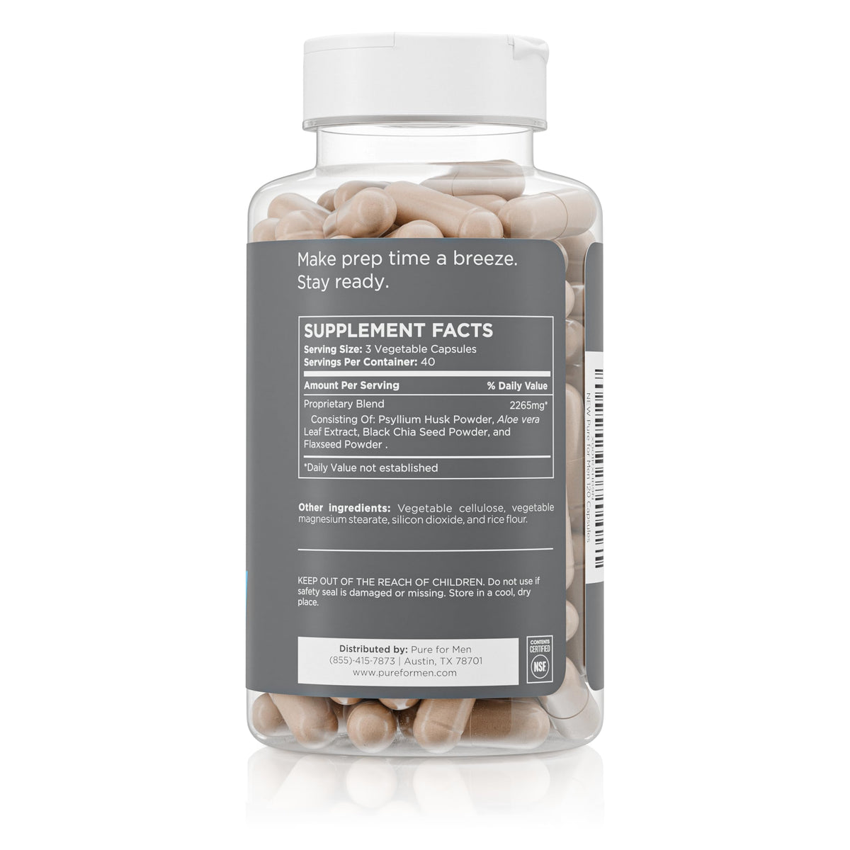 Pure for Men Original Vegan Cleanliness Stay Ready Fiber Supplement - Helps Promote Digestive Regularity - Psyllium Husk, Aloe Vera, Chia Seeds, Flaxseeds - Proprietary Formula - 120 Vegan Capsules