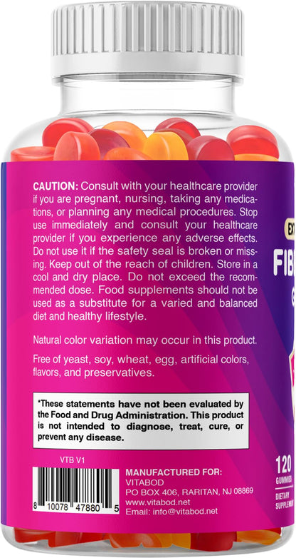 Vitabod Fiber Gummies 7G Per Serving for Digestive Health & Regularity, Prebiotic GOFOS Plant-Based Fiber, No Sugar Added, Vegan, Berry Peach Strawberry, 120 Gummies (Adults, Women & Men)