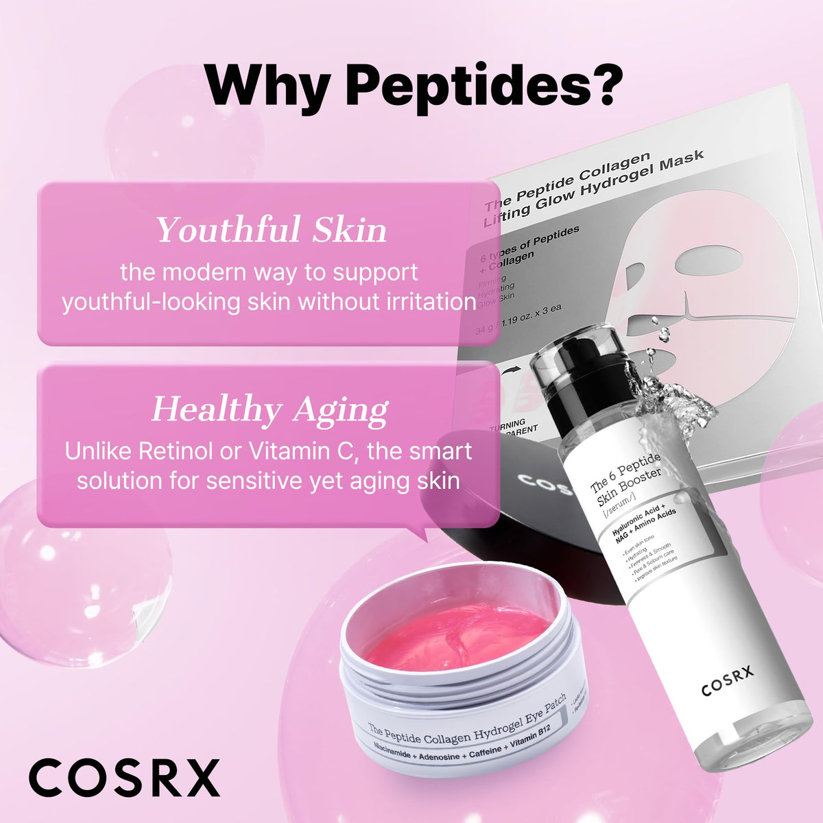 COSRX Pink Peptides Collagen Hydrogel Eye Patch - 60 Patches - Revitalizing Under Eye Mask for Dark Circles & Puffiness