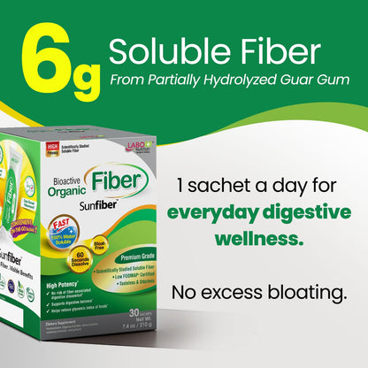 LABO Nutrition Bioactive Organic Fiber - Sunfiber PHGG Soluble Prebiotic Fiber for Digestive Regularity & Gut Health - Partially Hydrolyzed Guar Gum, Low FODMAP, Unflavored, Vegan, Non-GMO, 30 Sachets