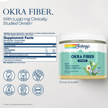 SOLARAY Okra Fiber Powder - Digestion Supplement - Supports Body Composition and Healthy Digestion - Unflavored, Gluten Free, Vegan - 30 Servings, 2.63oz