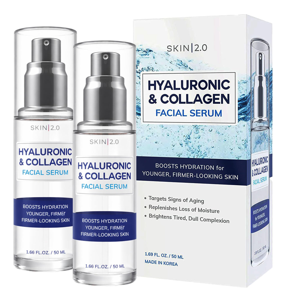 Skin 2.0 Hyaluronic Acid & Collagen Face Serum - Dermatologist Tested, Skin Tightening, Hydrating - Anti-Aging, Clean Beauty, Cruelty-Free Korean Skincare for All Skin Types - Duo Pack
