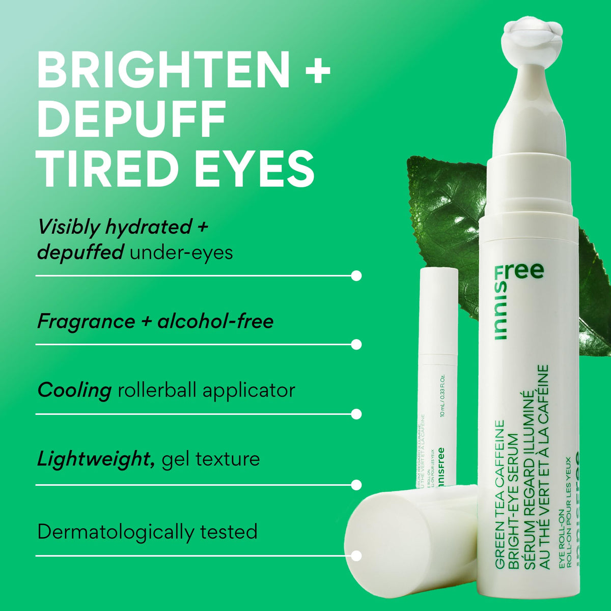 innisfree Green Tea Caffeine Depuffing Eye Serum (10ml) - Cooling Roll-On with Niacinamide for Brightening & Hydration