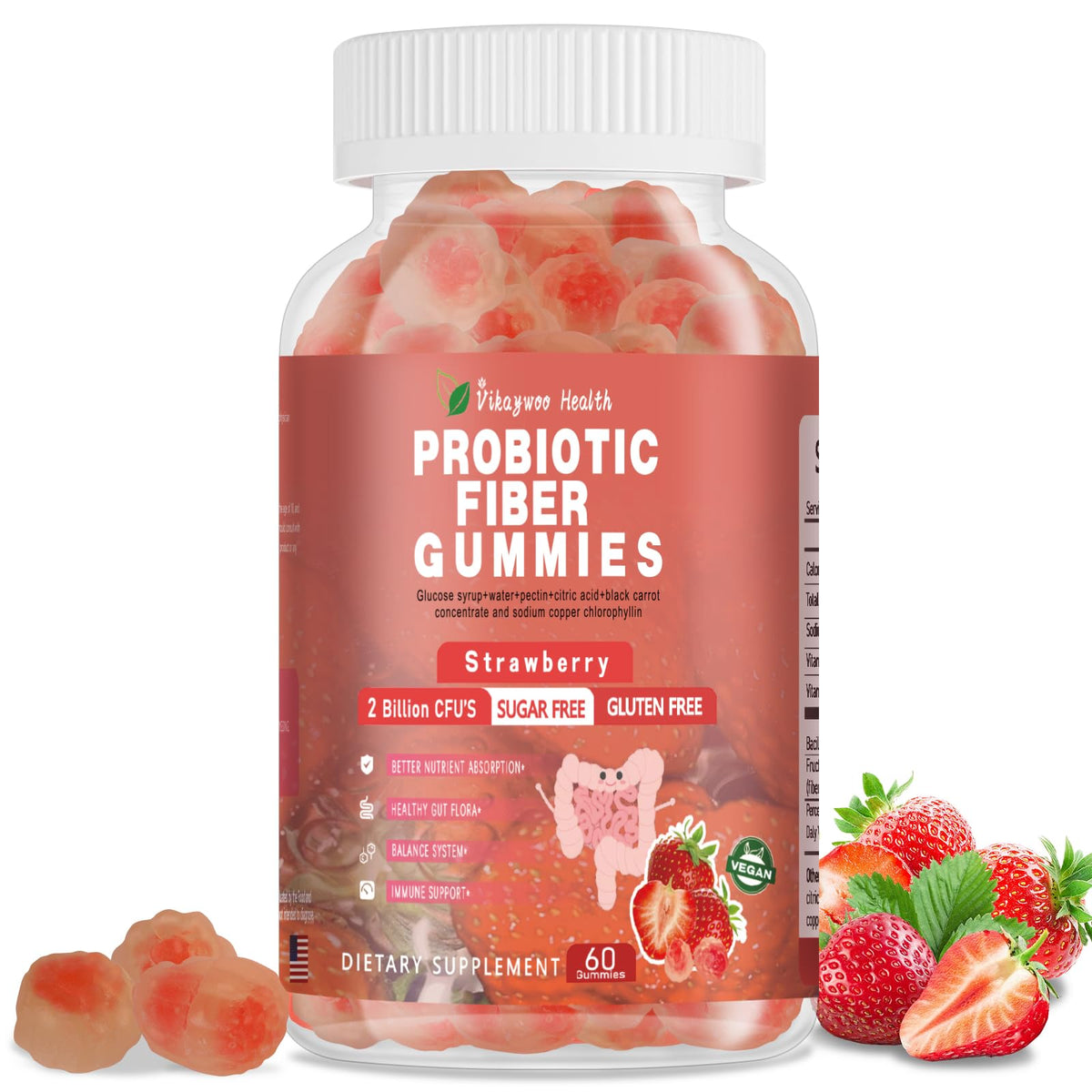 Vikaywoo Probiotic Fiber Gummies for Adults, No Sugar Added Strawberry Flavor– 120 Billion CFUs –Vitamin C,Vitamin D–Digestive Health & Regularity Support(60 Count)