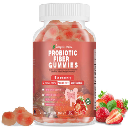 Vikaywoo Probiotic Fiber Gummies for Adults, No Sugar Added Strawberry Flavor– 120 Billion CFUs –Vitamin C,Vitamin D–Digestive Health & Regularity Support(60 Count)