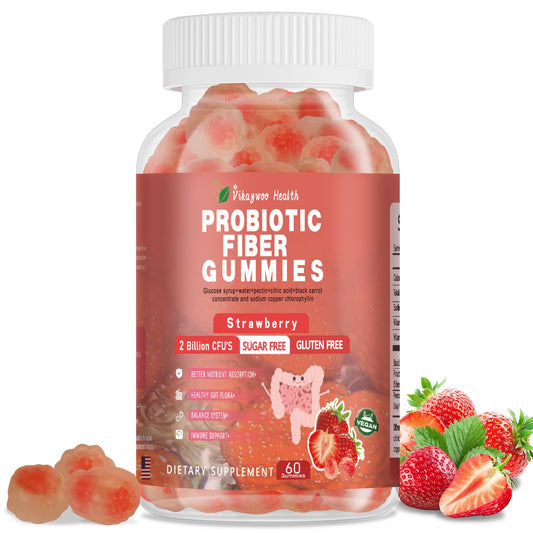Vikaywoo Probiotic Fiber Gummies for Adults, No Sugar Added Strawberry Flavor– 120 Billion CFUs –Vitamin C,Vitamin D–Digestive Health & Regularity Support(60 Count)
