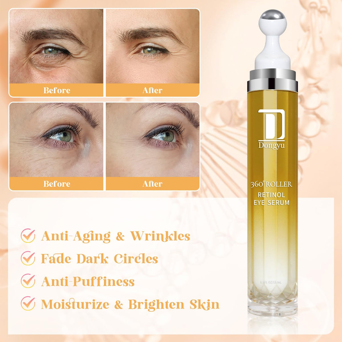 Dongyu Retinol Eye Serum 360° Roller - Anti-Aging Treatment with Massage Ball for Dark Circles, Puffiness & Wrinkles