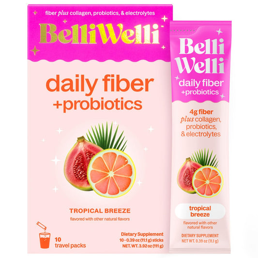 Belli Welli Fiber Supplement, Probiotics Fiber Powder Travel Pack for Women with Collagen & Electrolytes for Daily Gut Health & Debloating, Tropical Breeze, 10 Packets