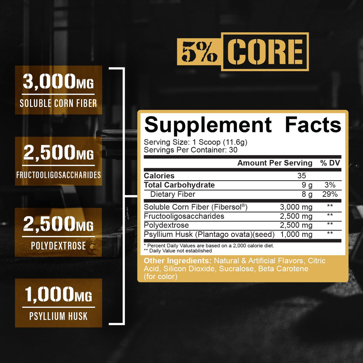 5% Nutrition Core Fiber Powder - Prebiotic Soluble High Fiber Blend Supplement, Sugar Free with Fibersol, Fructooligosaccharides (FOS), Polydextrose & Psyllium Husk - Citrus Mango Flavor, 30 Servings