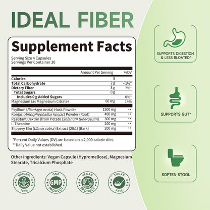 Fiber Supplement - Psyllium Husk Powder Capsules 1500mg & Slippery Elm- Regularity, Effortless Bowel Movements - Gentle Daily Fiber for Digestive & Gut Health -Natural Prebiotic Fiber,Non-GMO-120 Caps