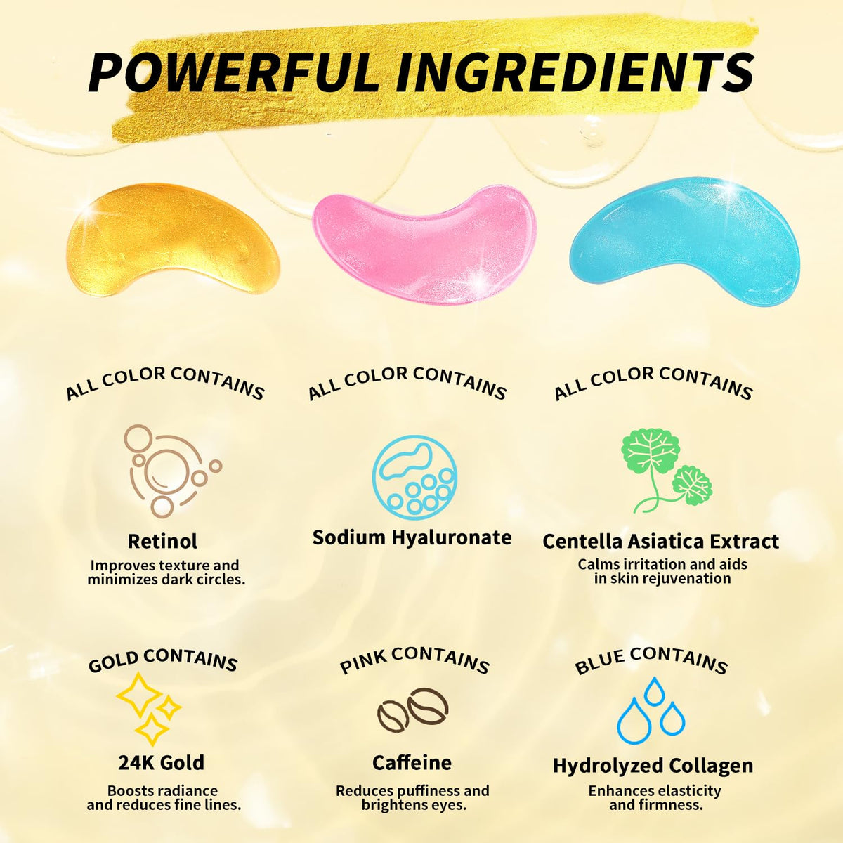 24K Gold & Retinol Under Eye Patches - Caffeine Eye Mask for Puffy Eyes & Dark Circles - Valentines Day Skincare Gift (25 Pairs)